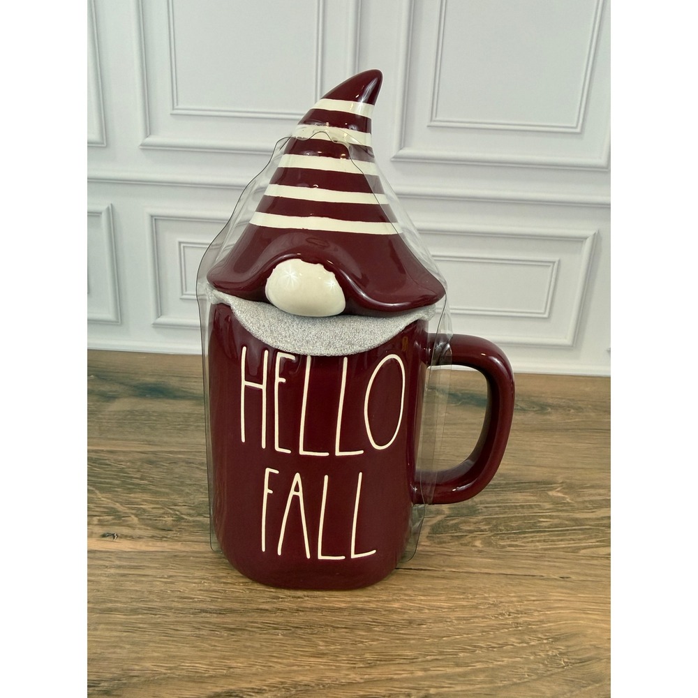 NEW Rae Dunn "Hello Fall" LL Maroon Lidded Gnome Mug 8" Tall